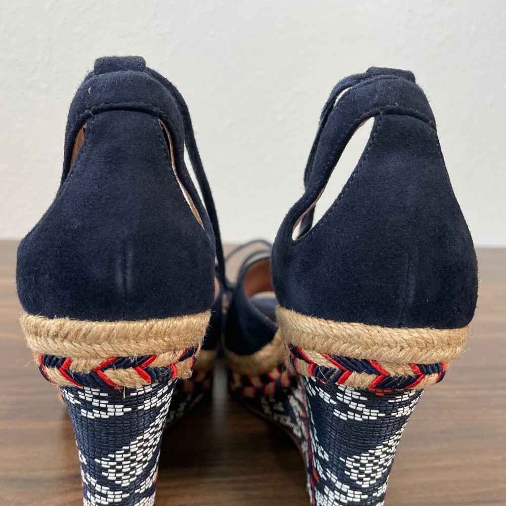 Cabi Wrap Lace-Up Blue Suede Leather Espadrille Aztec Wedge Heel Women's 5M - Picture 8 of 15